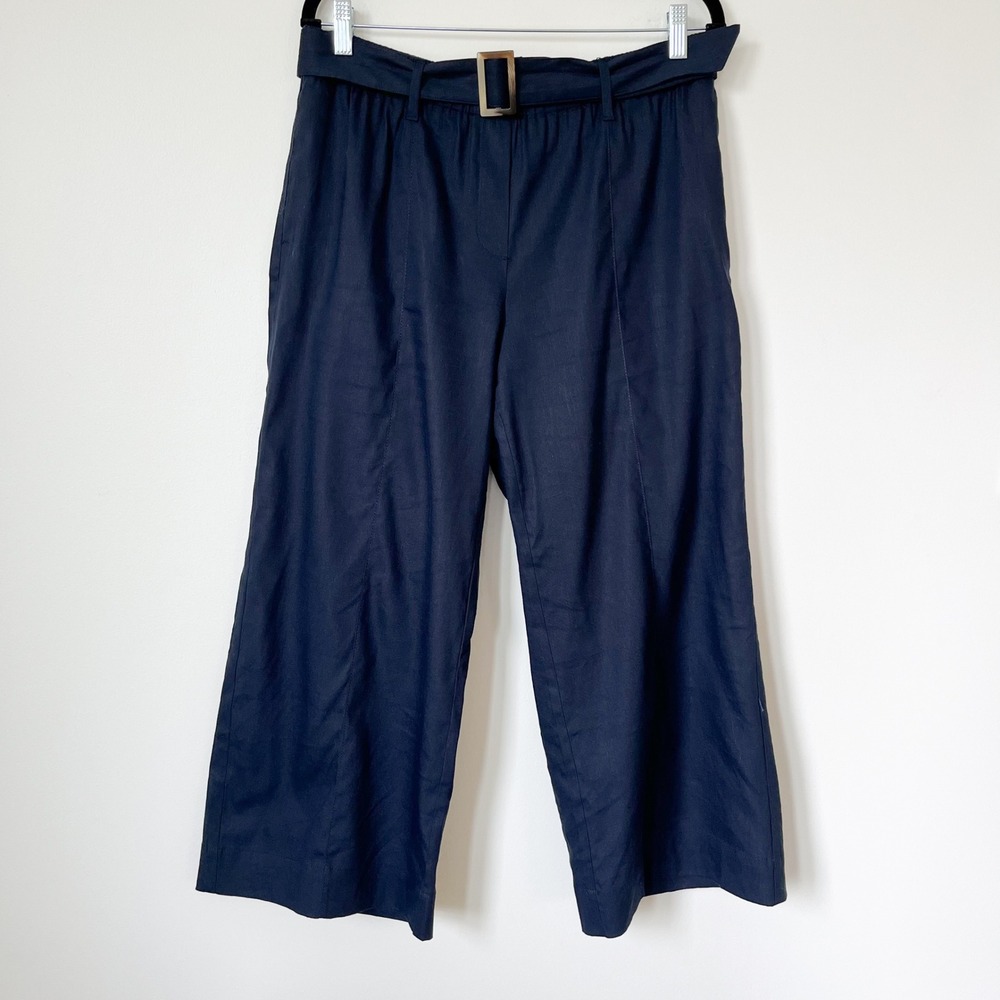 J.Jill Linen Stretch Jenna Belted Full Leg Crop Pants Navy Blue Womens Medium